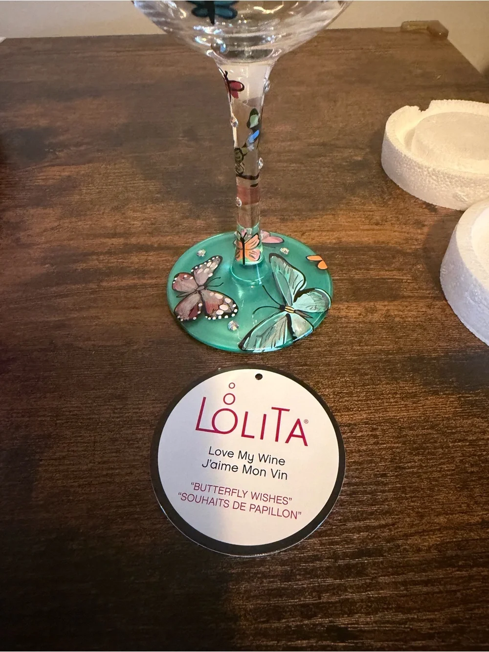 Lolita Hand-Painted Butterfly Wishes Wine Glass in Teal, Yellow, Pink